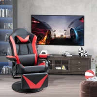 HOMCOM Fauteuil Gaming fauteuil de relax inclinable pivotant avec Repose-Pied rétractable - Coussins lombaires, tétière Inclus - revêtement synthétique Rouge Noir(m-2)