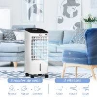 HOMCOM Refroidisseur d'air ventilateur humidificateur 3 en 1 sur roulettes télécommande 3 modes 3 vitesses minuterie blanc(m-6)