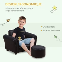 HOMCOM Ensemble Fauteuil et Pouf Enfant Style Contemporain Structure Bois revêtement synthétique PVC Noir(m-4)