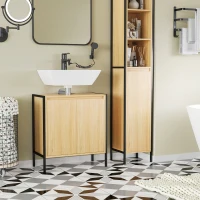 kleankin Meuble sous lavabo de salle de bain armoire sous vasque piètement en métal Double Porte - 60 x 30 x 62,5 cm - Noir et Couleur Bois(m-7)