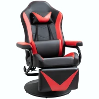 HOMCOM Fauteuil Gaming fauteuil de relax inclinable pivotant avec Repose-Pied rétractable - Coussins lombaires, tétière Inclus - revêtement synthétique Rouge Noir(m-1)