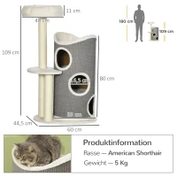 PawHut Cat Tree with Cat Bed and Scratching Barrel for Cats, 60 cm x 44.5 cm x 109 cm, Gray + Natural + White(m-3)