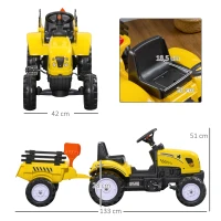 HOMCOM Trettraktor mit Anhänger, Werkzeug, Hupe, für Kinder ab 3 J., Metallrahmen, schwarz-gelb, 133 x 42 x 51 cm(m-3)