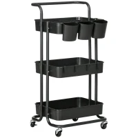 HOMCOM Carrinho de Cozinha Carrinho de Armazenamento com 4 Ganchos 3 Cestas Removíveis 3 Caixas Suspensas 42x38x86,5cm Preto(m-10)