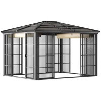 Outsunny Gartenpavillon mit Schiebedach, wetterbeständig, inkl. Moskitonetz, 365 cm x 300 cm x 262 cm, Schwarz + Khaki(m-1)