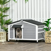 PawHut Casa para Cães de Madeira Casa para Animais de Estimação com Teto Asfáltico 2 Janelas Porta com Cortina 97x72x65 cm Cinza(m-2)