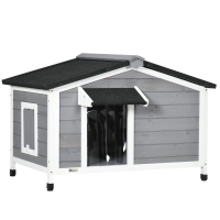 PawHut Casa para Cães de Madeira Casa para Animais de Estimação com Teto Asfáltico 2 Janelas Porta com Cortina 97x72x65 cm Cinza