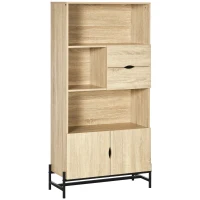 HOMCOM Biblioteca de Perete din MDF si Metal cu 2 Sertare, 2 Dulapioare si 4 Rafturi Deschise, 80x35x155 cm, culoare Lemn natur(m-1)