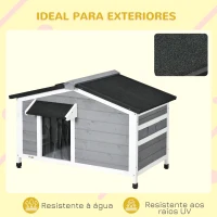 PawHut Casa para Cães de Madeira Casa para Animais de Estimação com Teto Asfáltico 2 Janelas Porta com Cortina 97x72x65 cm Cinza(m-6)