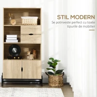 HOMCOM Biblioteca de Perete din MDF si Metal cu 2 Sertare, 2 Dulapioare si 4 Rafturi Deschise, 80x35x155 cm, culoare Lemn natur(m-4)