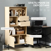 HOMCOM Biblioteca de Perete din MDF si Metal cu 2 Sertare, 2 Dulapioare si 4 Rafturi Deschise, 80x35x155 cm, culoare Lemn natur(m-5)
