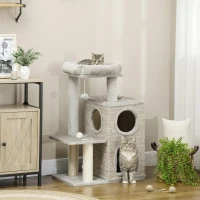 PawHut Scratching Post with Cat Condo, Cat Bed, and Ball Toy, 60 cm x 40 cm x 91 cm, Light Gray + Natural(m-2)