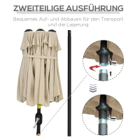 Outsunny parasol, tuinparasol, kantelbaar, met handslinger, windkap, polyester+staal, kaki, 285 x 147 cm(m-8)