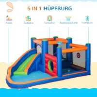 Outsunny springkasteel, met ruches, springkussen, zwembad, opblaasbaar, incl. elektrische pomp, voor maximaal 3 kinderen, 380 x 340 x 170 cm(m-4)