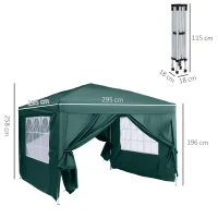 Outsunny Tenda de Jardim com Paredes Laterais Amovíveis Janelas Porta com Zíper e Bolsa de Transporte 295x295x195-258 cm Verde(m-3)
