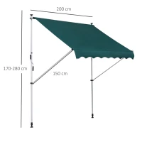 Outsunny Toldo Manual Retrátil 200x150 cm com Manivela de Alumínio Ângulo Ajustável Proteção Solar para Varanda Jardim Pátio Verde(m-3)