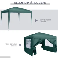 Outsunny Tenda de Jardim com Paredes Laterais Amovíveis Janelas Porta com Zíper e Bolsa de Transporte 295x295x195-258 cm Verde(m-4)