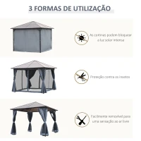 Outsunny Pérgola de jardim 3x3 m com telhado de policarbonato 4 cortinas laterais e 4 redes mosquiteiras com zíper de estrutura metálica Multicolor(m-6)