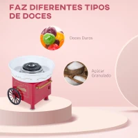 HOMCOM Máquina de Algodão Doce Estilo Retrô Potência 450W-550W Doce com Colher Medidora e 10 Palitos de Bambu 30x30x28cm Vermelha(m-5)