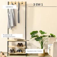 HOMCOM Móvel Cabide de Entrada de Metal com 3 Prateleiras e 4 Ganchos 60x40x175 cm Preto e Madeira(m-4)