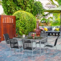 Outsunny Conjunto de Refeição 7 Peças com Mesa de Vidro Temperado e 6 Cadeiras Empilháveis com Apoio para os Braços 150x90x72 cm Preto e Cinza(m-2)