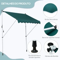 Outsunny Toldo Manual Retrátil 200x150 cm com Manivela de Alumínio Ângulo Ajustável Proteção Solar para Varanda Jardim Pátio Verde(m-7)