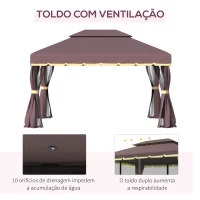 Outsunny Pérgola de Jardim 3,9x2,9m Pérgola de Alumínio com Teto de Ventilação 4 Cortinas Laterais Tela Mosquiteira e 8 Orifícios de Drenagem para Exterior Pátio Festas Marrom(m-4)