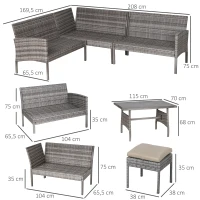 Outsunny Conjunto de móveis de jardim de 6 peças de vime Conjunto de sofá de 2 lugares Banco e mesa de jantar com almofadas acolchoadas Varanda cinza e Cáqui(m-3)