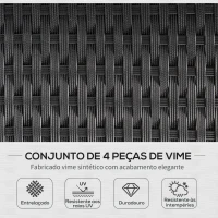 Outsunny Conjunto de móveis de jardim 4 peças sofá duplo de vime mesa de centro banquinho com almofadas acolchoadas para ar livre estrutura de metal Preto(m-4)