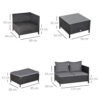 Outsunny Conjunto de móveis de jardim 4 peças sofá duplo de vime mesa de centro banquinho com almofadas acolchoadas para ar livre estrutura de metal Preto(m-3)