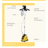 HOMCOM Ferro de Engomar a Vapor com Depósito de 1,4L e Temperatura Ajustável em 11 Níveis 26x21,5x146cm Amarelo e Preto(m-5)