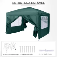 Outsunny Tenda de Jardim com Paredes Laterais Amovíveis Janelas Porta com Zíper e Bolsa de Transporte 295x295x195-258 cm Verde(m-8)