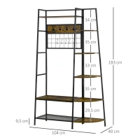 HOMCOM kapstok, 4-in-1 design, kledingrek met zitting, kapstok met schoenenrek, 5-laags zijplanken en 4 haken, kapstok, metaal, rustiek bruin, 104 x 40 x 183 cm(m-3)