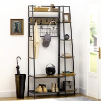 HOMCOM kapstok, 4-in-1 design, kledingrek met zitting, kapstok met schoenenrek, 5-laags zijplanken en 4 haken, kapstok, metaal, rustiek bruin, 104 x 40 x 183 cm(m-2)