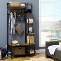 HOMCOM kapstok, 4-in-1 design, kledingrek met zitting, kapstok met schoenenrek, 5-laags zijplanken en 4 haken, kapstok, metaal, rustiek bruin, 104 x 40 x 183 cm(m-10)