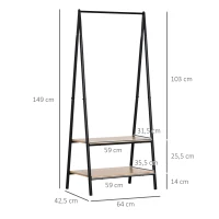HOMCOM Suporte para Cabides com 2 Prateleiras de Armazenamento Barra para Pendurar e Estrutura de Aço 64x42,5x149 cm Preto(m-3)