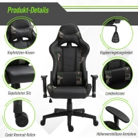 Vinsetto Massage Bürostuhl, Gaming Stuhl, Ergonomisch, Kunstleder, Schaumstoff, Nylon, Schwarz, Camouflage, 64 x 69 x 120-127 cm(m-7)