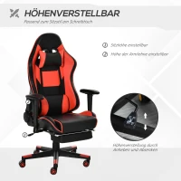 Vinsetto Gaming Stuhl mit Wipp- & Liegefunktion ergonomischer Schreibtischstuhl mit Fußstütze Kopfstütze Lendenkissen höhenverstellbarer Bürostuhl 90-160° Neigungswinkel Schwarz+Rot 72x72x121-130 cm(m-4)
