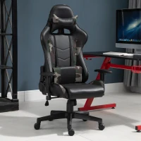 Vinsetto Massage Bürostuhl, Gaming Stuhl, Ergonomisch, Kunstleder, Schaumstoff, Nylon, Schwarz, Camouflage, 64 x 69 x 120-127 cm(m-2)