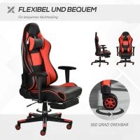 Vinsetto Gaming Stuhl mit Wipp- & Liegefunktion ergonomischer Schreibtischstuhl mit Fußstütze Kopfstütze Lendenkissen höhenverstellbarer Bürostuhl 90-160° Neigungswinkel Schwarz+Rot 72x72x121-130 cm(m-6)