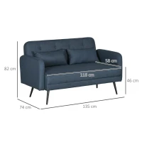 HOMCOM Canapea de 135cm pentru Dormitor, Mobilier Modern pentru Canapele cu Plus, Canapea Capitonata cu 2 Locuri cu Perne Decorative, Cadru din Lemn Masiv, Albastru Inchis(m-3)