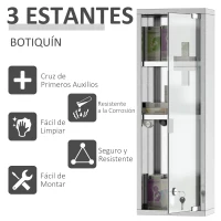 kleankin Botiquín de Medicina y Primeros Auxilios para Baño con Bloqueo y 3 Estantes con Puerta de Vidrio Templado de Acero Inoxidable 20x12x58 cm Plata(m-6)