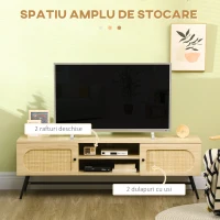 HOMCOM Suport tip dulap  pentru televizoare de pana la 60", Centru de divertisment cu rafturi de depozitare si usi din ratan pentru sufragerie dormitor, Natural(m-4)