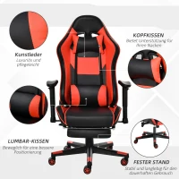 Vinsetto Gaming Stuhl mit Wipp- & Liegefunktion ergonomischer Schreibtischstuhl mit Fußstütze Kopfstütze Lendenkissen höhenverstellbarer Bürostuhl 90-160° Neigungswinkel Schwarz+Rot 72x72x121-130 cm(m-7)