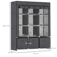 HOMCOM Fabric Wardrobe for Bedroom, Portable Wardrobe with 5 Shelves, 2 Hanging Rails and 3 Fabric Drawers, Foldable Closet, 125 x 43 x 162.5cm, Dark Grey(m-3)