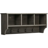 HOMCOM Appendiabiti a Muro Stile Rustico con 4 Ganci e Vani in Legno e Metallo, 80x24x35.5cm, Grigio(m-1)