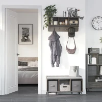 HOMCOM Appendiabiti a Muro Stile Rustico con 4 Ganci e Vani in Legno e Metallo, 80x24x35.5cm, Grigio(m-2)