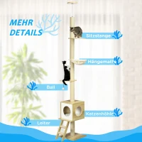 PawHut krabpaal, klimboom plafond hoog, 240-260 cm, kattenkrabpaal, lichtbruin(m-5)