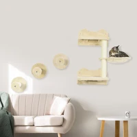 PawHut klimtrappen, klimmuur, kattentrap, 4 stuks Set, met krabpaal, hangmat, beige+roomwit, 40 x 28 x 73 cm(m-2)