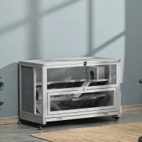 PawHut Kleintierkäfig auf 2 Ebenen mit Leitern u. Höhlen 99 cm x 50 cm x 69 cm Tannenholz Metall Glas Hellgrau(m-2)